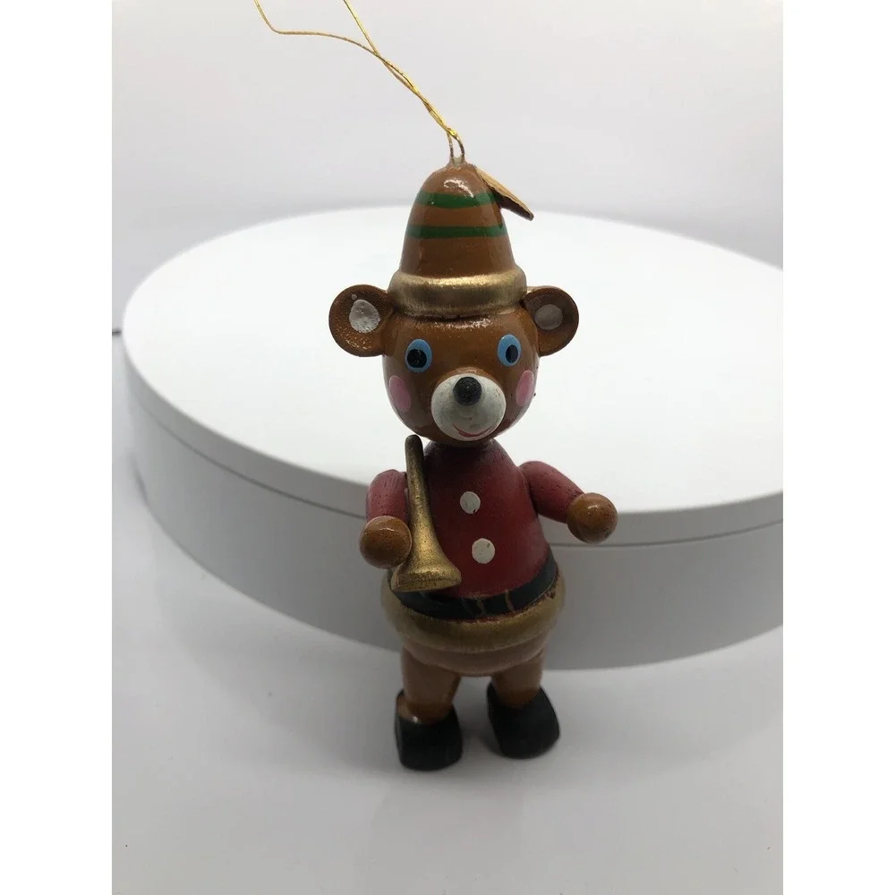 Vintage Christmas Wooden Teddy Bear Toy Ornament With‎ Horn Musical 4.25